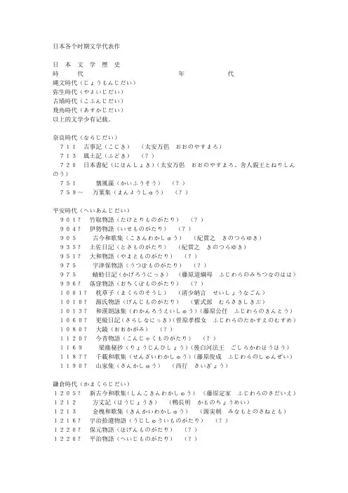 日本各个时期文学代表作
