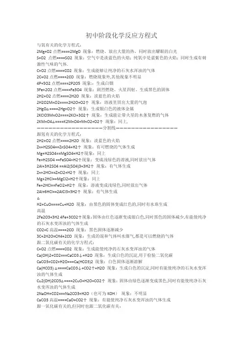 初中阶段化学反应方程式