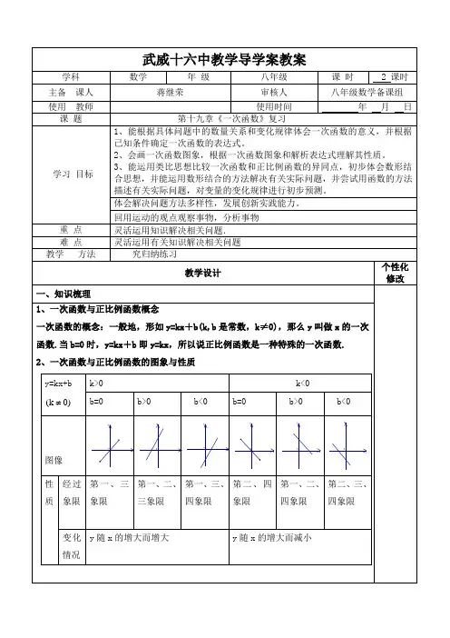 人教版八年级数学下册导学案设计：第十九章《一次函数》复习(无答案)
