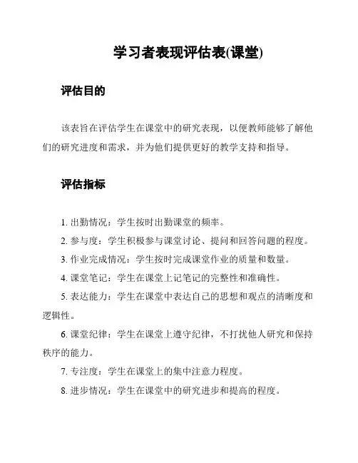 学习者表现评估表(课堂)