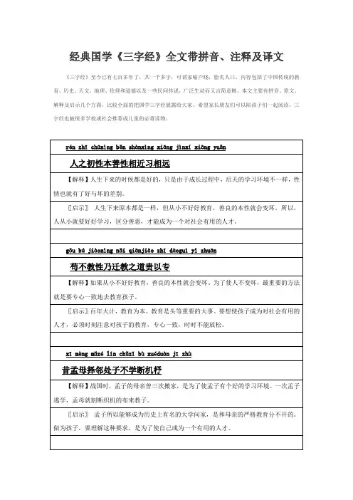 经典国学《三字经》全文带拼音、注释及译文