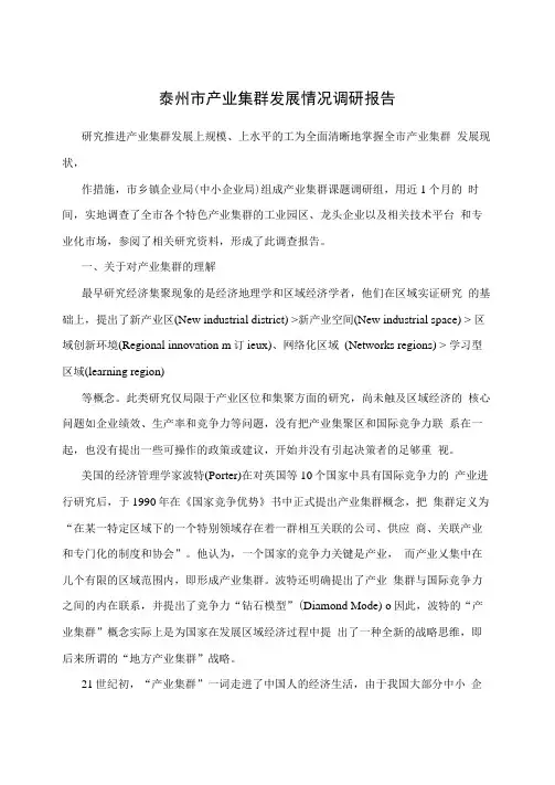 泰州市产业集群发展情况调研报告
