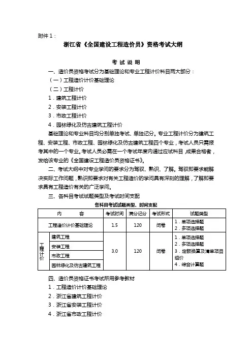 浙江省《全国建设工程造价员》资格考试大纲2024