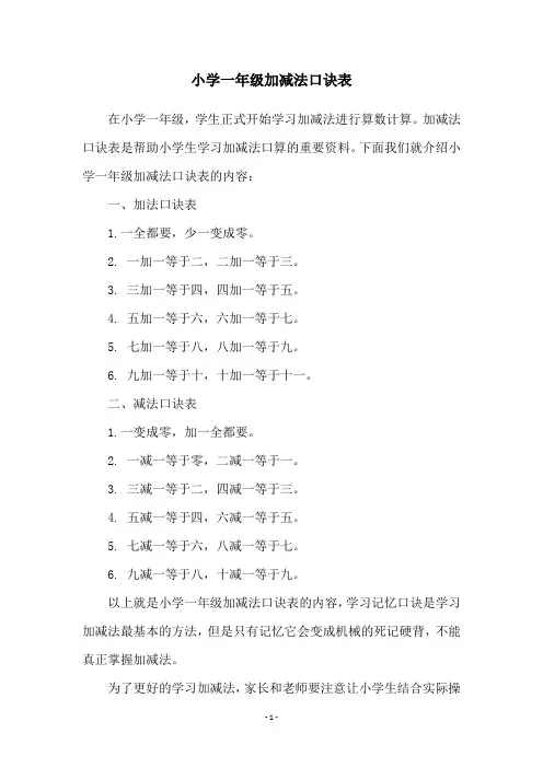 小学一年级加减法口诀表