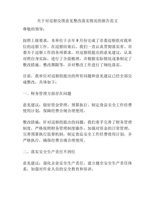 关于对巡察反馈意见整改落实情况的报告范文