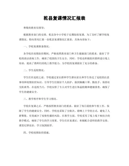乾县复课情况汇报表