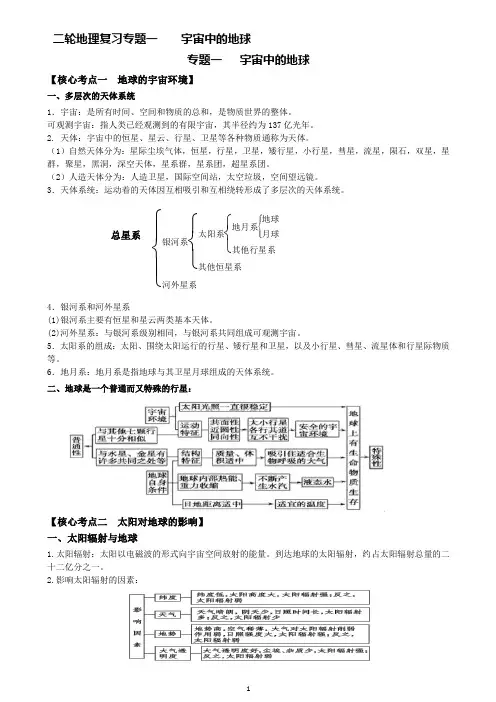 浙江省2022届高三地理二轮复习讲义 专题1：宇宙中的地球