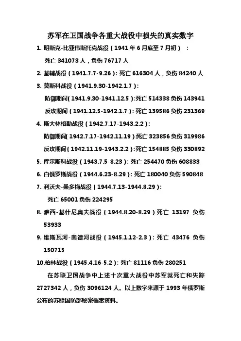 苏军在卫国战争中重大战役中损失的真实数字