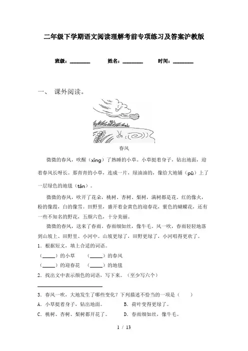 二年级下学期语文阅读理解考前专项练习及答案沪教版