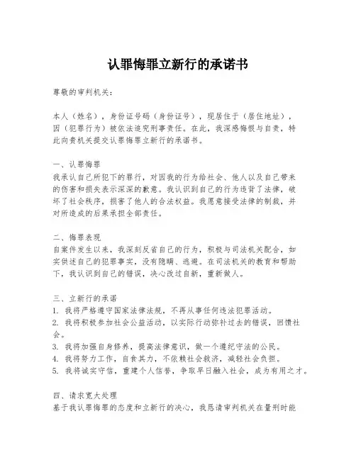 认罪悔罪立新行的承诺书