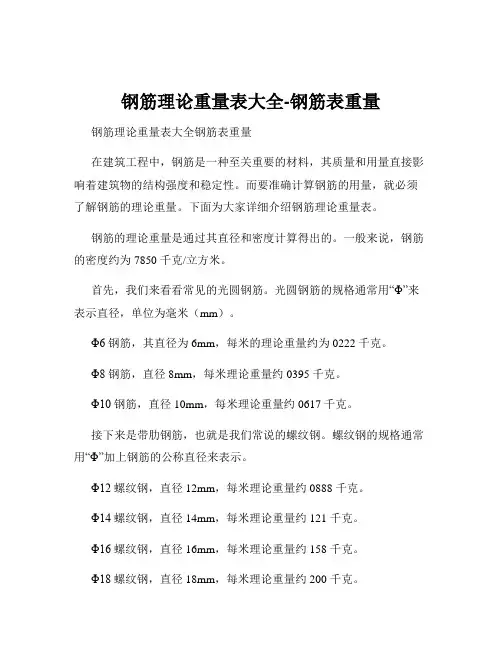 钢筋理论重量表大全-钢筋表重量