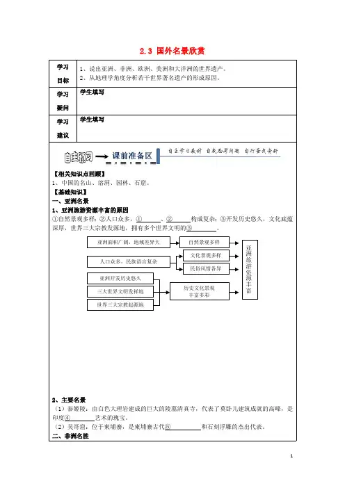 黑龙江省齐齐哈尔市高中地理第二章旅游景观的欣赏2.3国外名景欣赏领学案(无答案)湘教版选修3