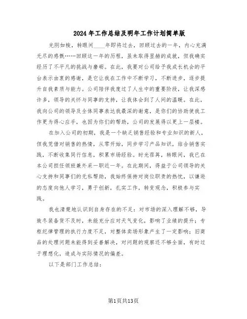 2024年工作总结及明年工作计划简单版（7篇）