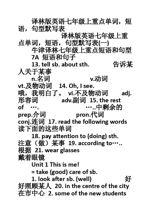 译林版英语七年级上重点单词，短语，句型默写表