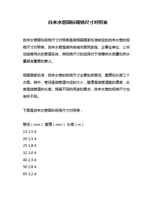 自来水管国标规格尺寸对照表