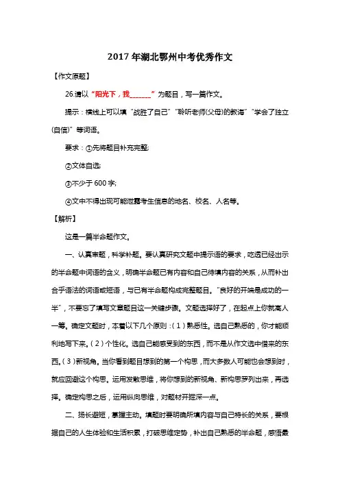 2017年湖北鄂州中考优秀作文《阳光下,我快乐成长》