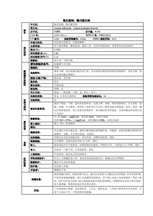 氟化氢钠;酸式氟化钠化学品安全技术说明书MSDS