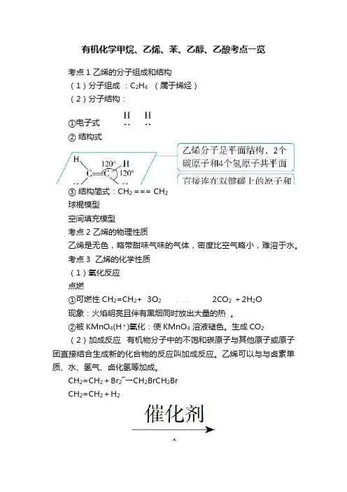 有机化学甲烷、乙烯、苯、乙醇、乙酸考点一览
