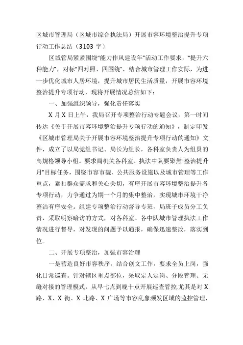 区城市管理局(区城市综合执法局)开展市容环境整治提升专项行动工作总结(3103字)