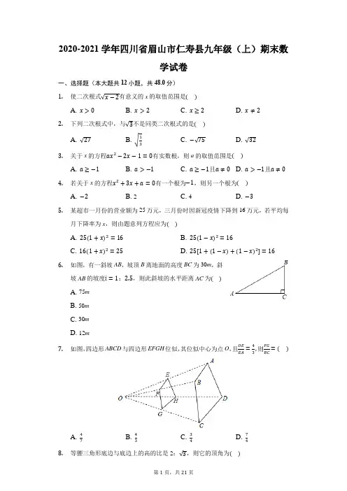 2020-2021学年四川省眉山市仁寿县九年级(上)期末数学试卷(附答案详解)
