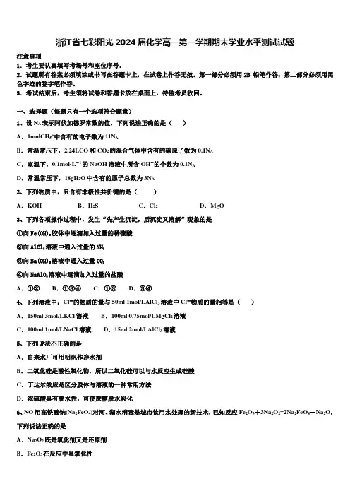 浙江省七彩阳光2024届化学高一第一学期期末学业水平测试试题含解析