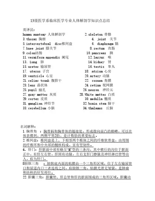 【VIP专享】13级天津医科大学临床医学院人体解剖学知识点总结