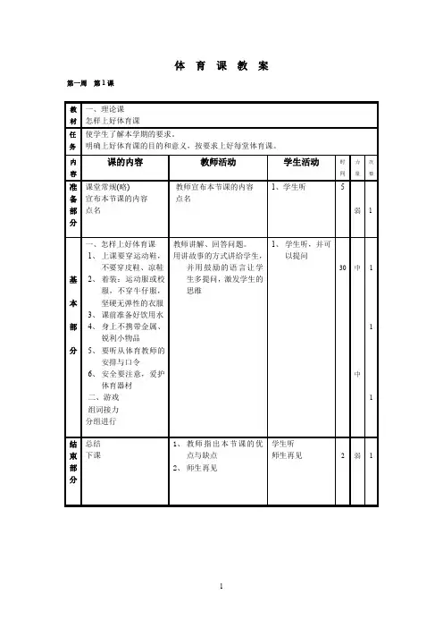 小学五年级上册体育全册教案