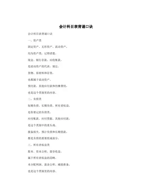 会计科目表背诵口诀