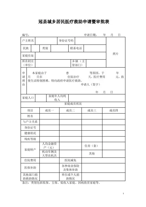 冠县城乡低保对象医疗救助申请暨审批表