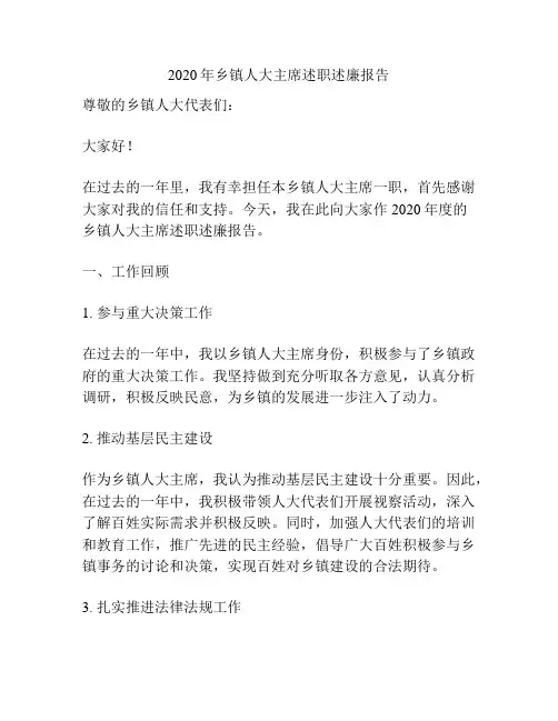 2020年乡镇人大主席述职述廉报告