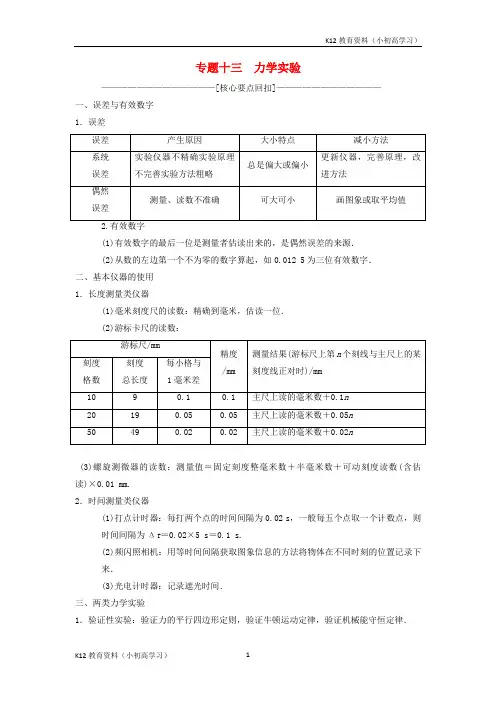 推荐K122018版高考物理二轮复习第1部分专题整合突破专题13力学实验教案