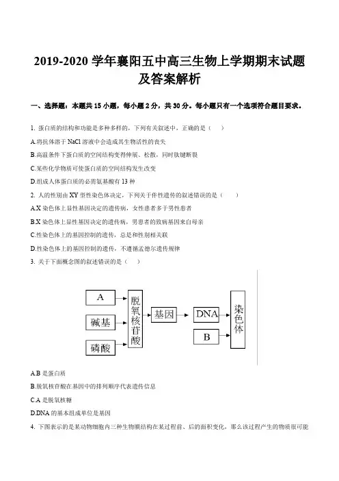 2019-2020学年襄阳五中高三生物上学期期末试题及答案解析
