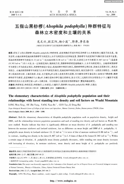 五指山黑桫椤(Alsophila podophylla)种群特征与森林立木密度和土壤的关系