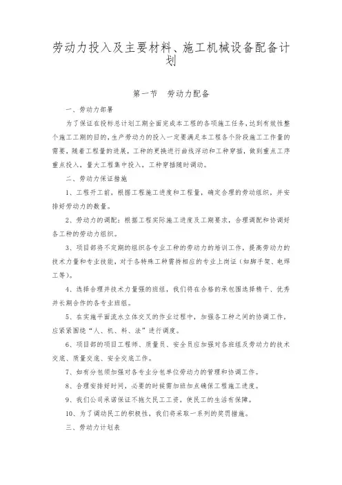 劳动力投入及主要材料、施工机械设备配备计划