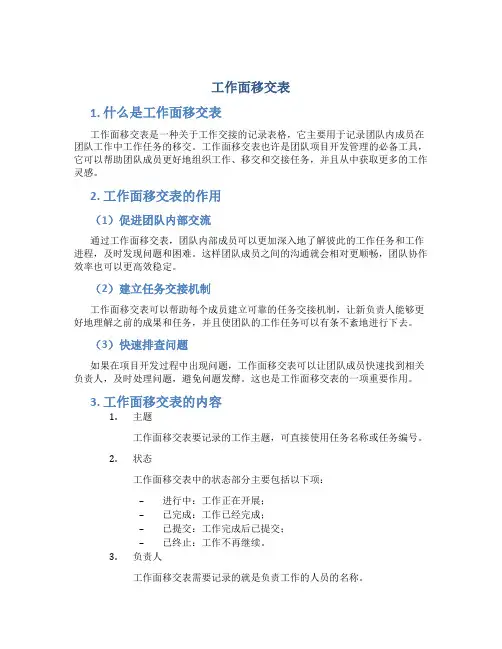 工作面移交表