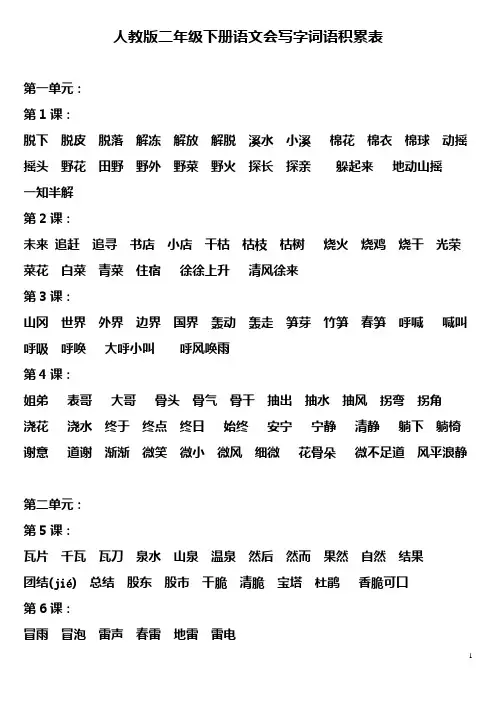 二年级下册语文会写字词语表