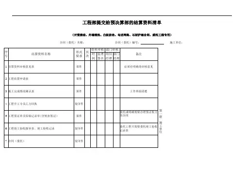 工程部提交给预决算部的结算资料清单(开荒清洁外墙清洗白蚁防治 电话网络 石材护理合同 委托工程专用)