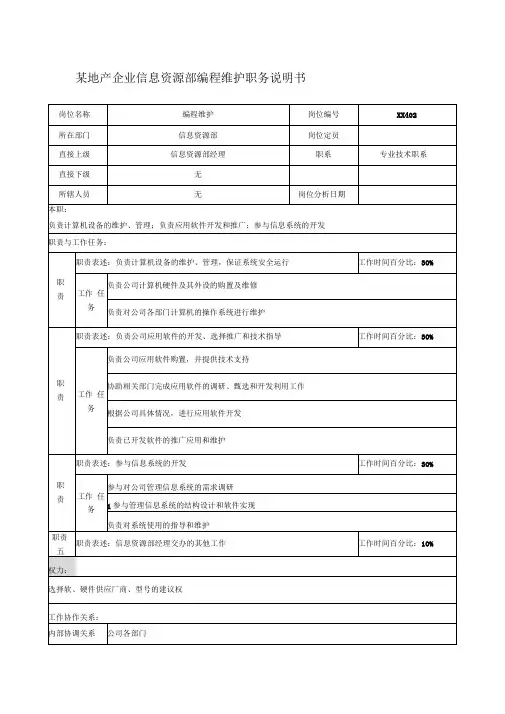 某地产企业信息资源部编程维护职务说明书