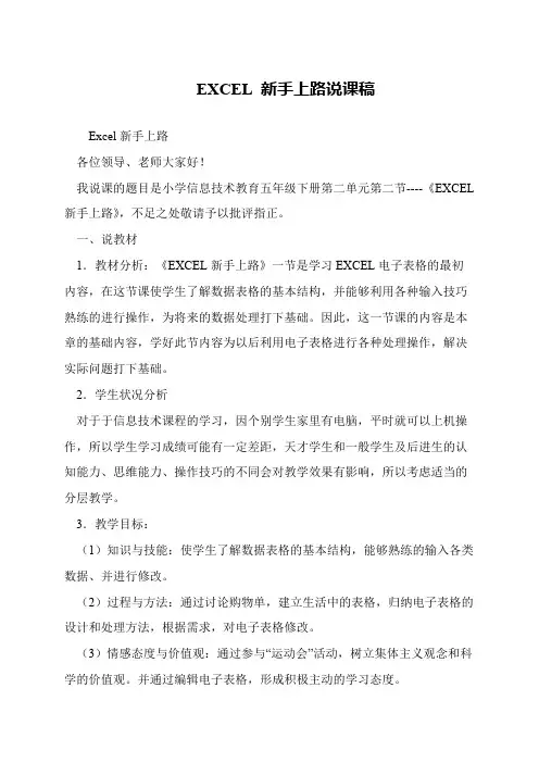 EXCEL 新手上路说课稿