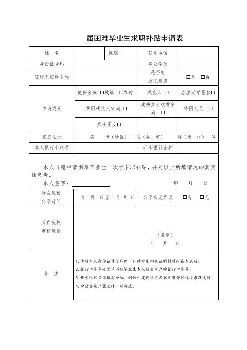 困难毕业生求职补贴申请表