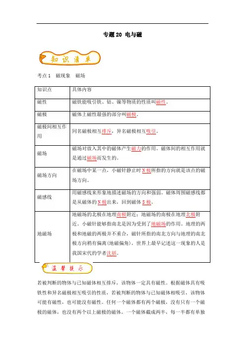 初中物理专题复习20电与磁(解析版)