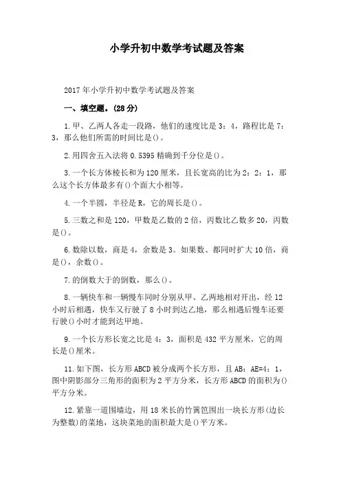 小学升初中数学考试题及答案