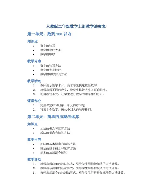 人教版二年级数学上册教学进度表