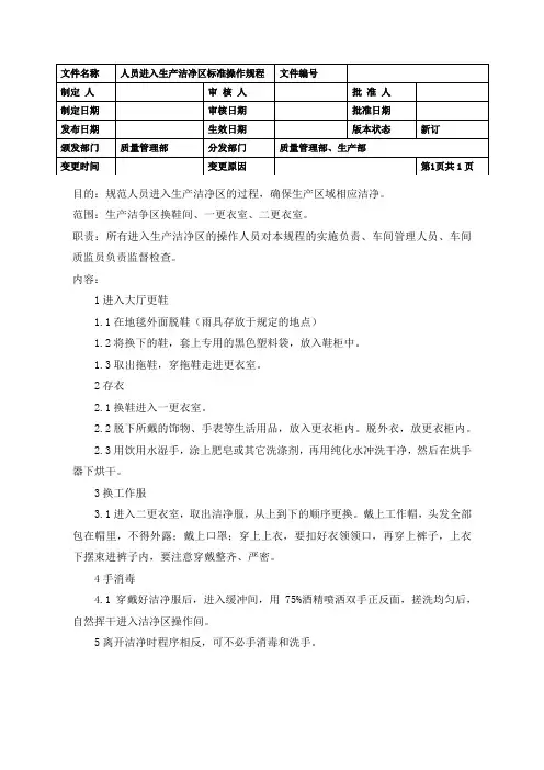 人员进入生产洁净区标准操作规程