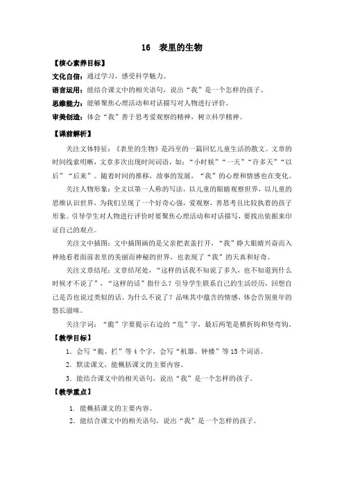 《表里的生物》优质教案(第二课时)