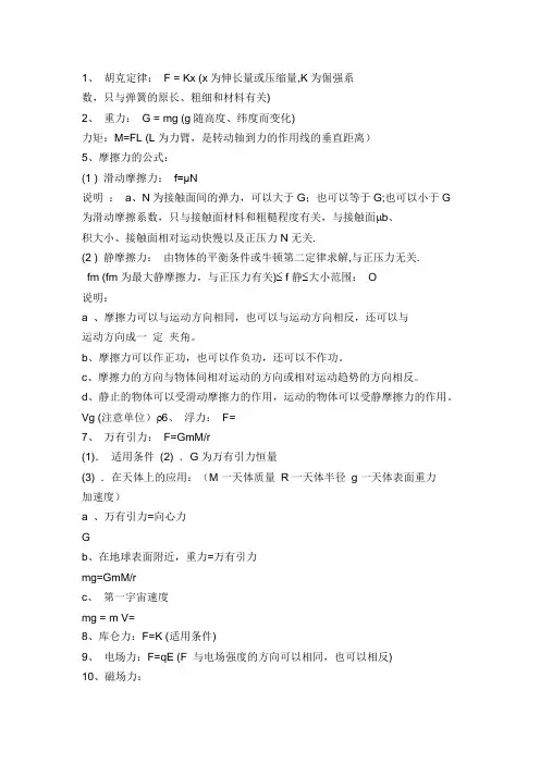 常用力学公式总结