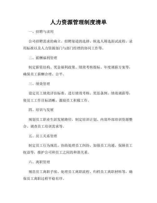 人力资源管理制度清单