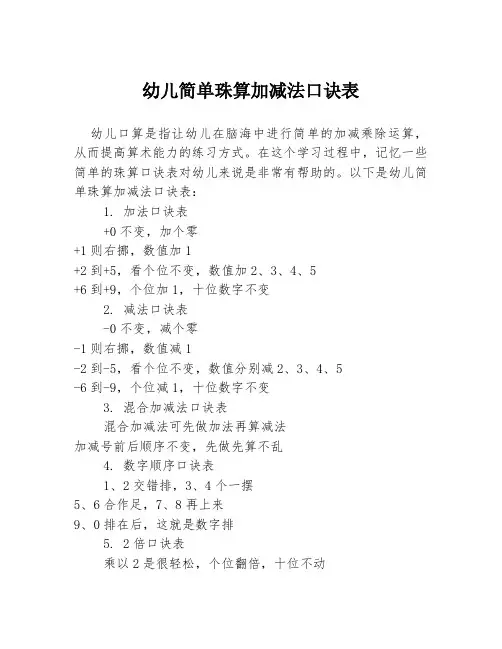 幼儿简单珠算加减法口诀表