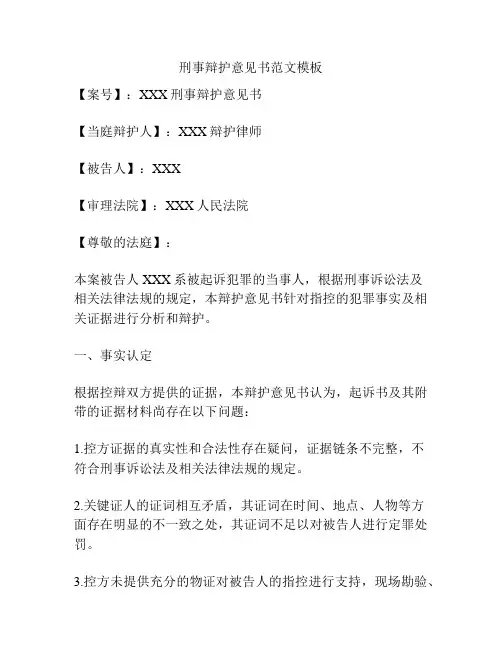 刑事辩护意见书范文模板