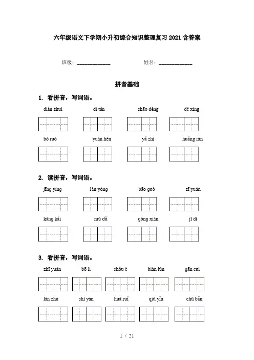六年级语文下学期小升初综合知识整理复习2021含答案